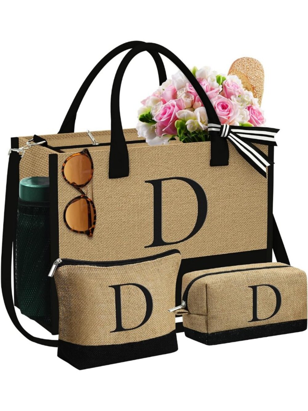 Personalized Initial Jute Tote Bag & 2 Makeup Bags - Unique Gifts for Her